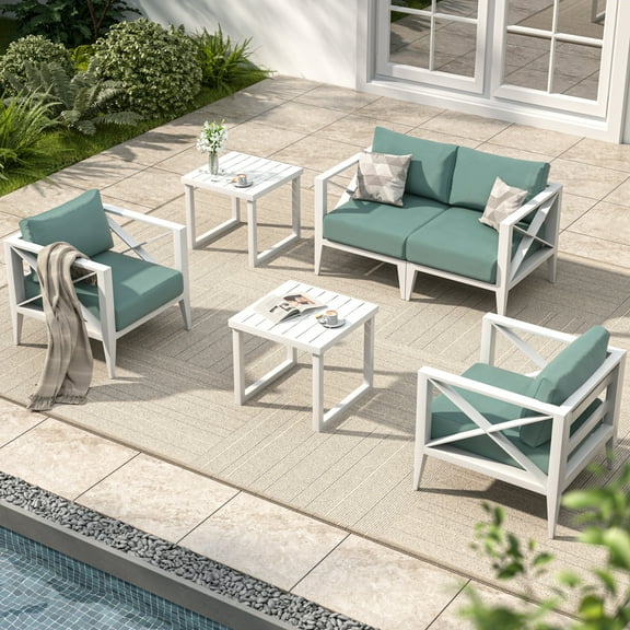 MBY Outdoor Aluminum Patio Furniture Set, 4-Seats Patio Conversation Sofa Set with 2 Chairs and 2 Coffee Tables, All Weather for Pool, Balcony, Garden-White