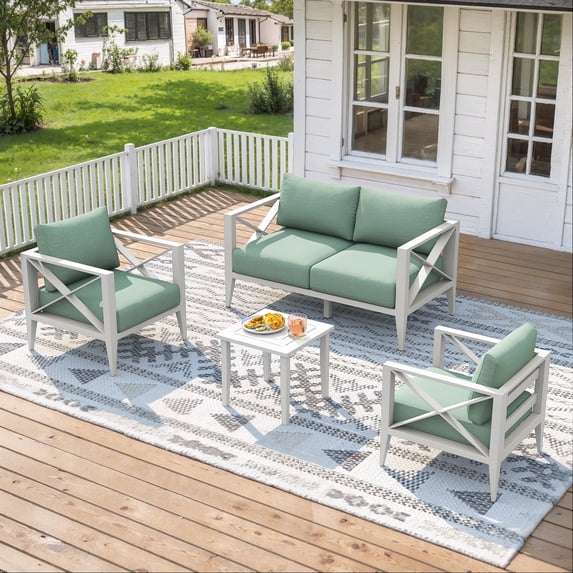 4-Seat Aluminum Patio Furniture Set, White Outdoor Conversation Sofa with Chairs and Tables,White