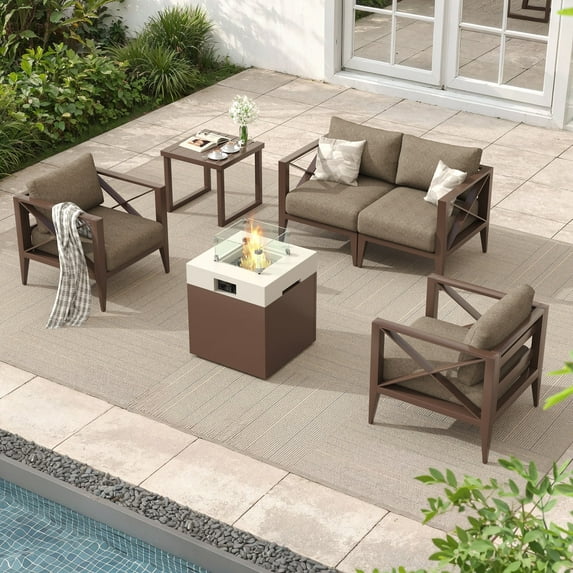 MBY Outdoor Aluminum Patio Furniture Set, 4-Seats Patio Conversation Sofa Set with 2 Chairs and 37,000 BTU Fire Pit Table w/Glass Wind Guard , All Weather for Pool, Garden-Brown