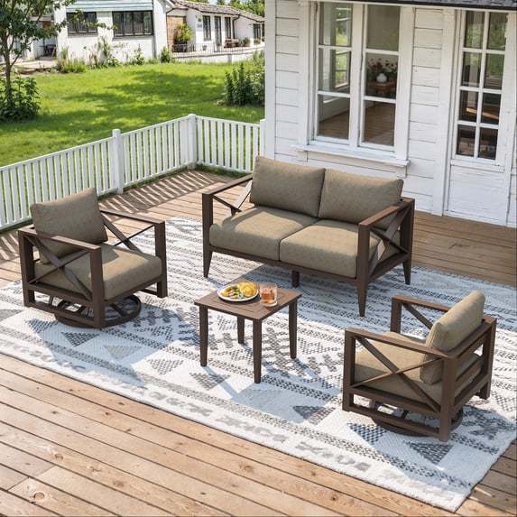 MBY Outdoor Aluminum Patio Furniture Set, 4-Seats Patio Conversation Sofa Set with 2 Swivel Rocking Chairs and 2 Coffee Tables, All Weather for Pool, Balcony, Garden-Brown