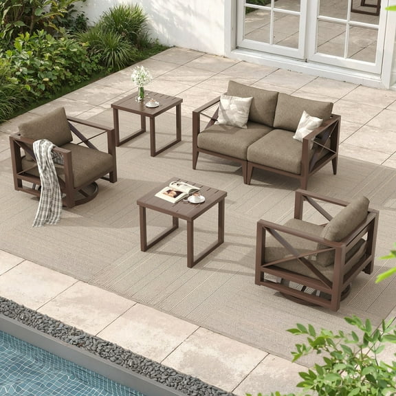 MBY Outdoor Aluminum Patio Furniture Set, 4-Seats Patio Conversation Sofa Set with 2 Swivel Rocking Chairs and 2 Coffee Tables, All Weather for Pool, Balcony, Garden-Brown