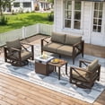 thumbnail image 1 of Outdoor Aluminum Patio Furniture Set, 4-Seat Conversation Sofa with Swivel Chairs & 37,000 Btu Fire Pit Table, Brown, 1 of 11