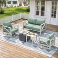thumbnail image 1 of 4-Seat Aluminum Patio Furniture Set with Fire Pit Table, Outdoor Sofa Set with 2 Swivel Rocking Chairs, Glass Wind Guard, White, 1 of 8