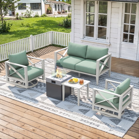 4-Seat Aluminum Patio Furniture Set with Fire Pit Table, Outdoor Sofa Set with 2 Swivel Rocking Chairs, Glass Wind Guard, White