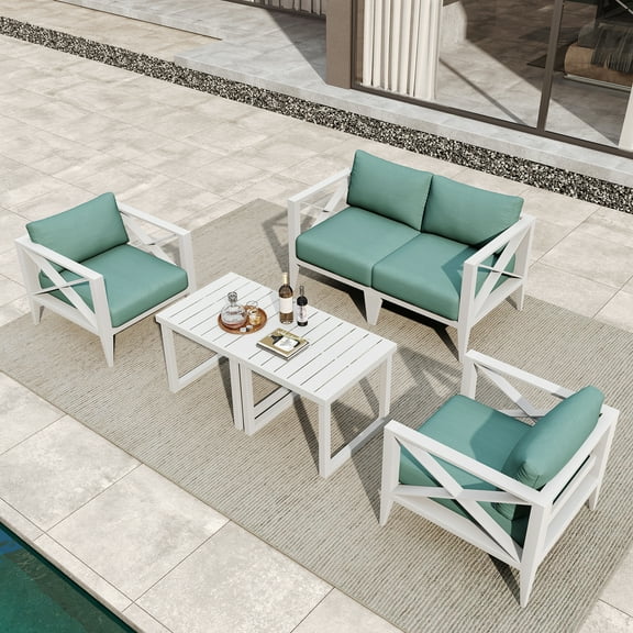 MAISON HUIS Outdoor Aluminum Patio Furniture Set, 5 Piece All-Weather Patio Sectional Conversation Sets with 6 Inch Cushions and 2 Coffee Tables for Backyard, Porch (White)