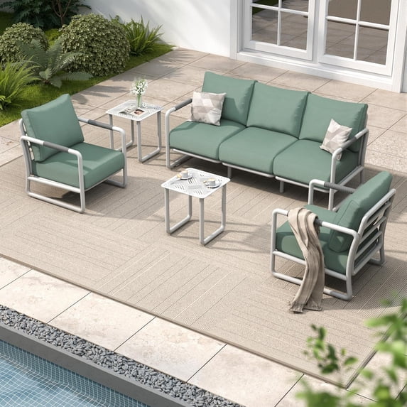 MBY Outdoor Aluminum Patio Furniture Set, 5-Seat Patio Conversation Sofa Set with 2 Coffee Tables and 6.7" Thickened Cushions, All Weather for Pool, Balcony, Garden-White