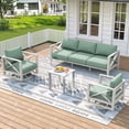 thumbnail image 1 of MBY Outdoor Aluminum Patio Furniture Set, 5-Seats Patio Conversation Sofa Set with 2 Swivel Rocking Chairs and 2 Coffee Tables, All Weather for Pool, Balcony, Garden-White, 1 of 9