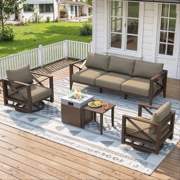 MBY Outdoor Aluminum Patio Furniture Set, 5-Seats Patio Conversation Sofa Set with 2 Swivel Rocking Chairs and 37,000 BTU Fire Pit Table w/Glass Wind Guard , All Weather for Pool, Garden-Brown