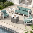 thumbnail image 1 of MBY Outdoor Aluminum Patio Furniture Set, 5-Seats Patio Conversation Sofa Set with 2 Swivel Rocking Chairs and 37,000 BTU Fire Pit Table w/Glass Wind Guard , All Weather for Pool, Garden-White, 1 of 11