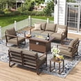 thumbnail image 1 of MBY Outdoor Aluminum Patio Furniture Set, 7-Seat Patio Conversation Sofa Set with Oversized Fire Pit Table w/Glass Wind Guard, All Weather for Balcony, Garden-Brown, 1 of 6