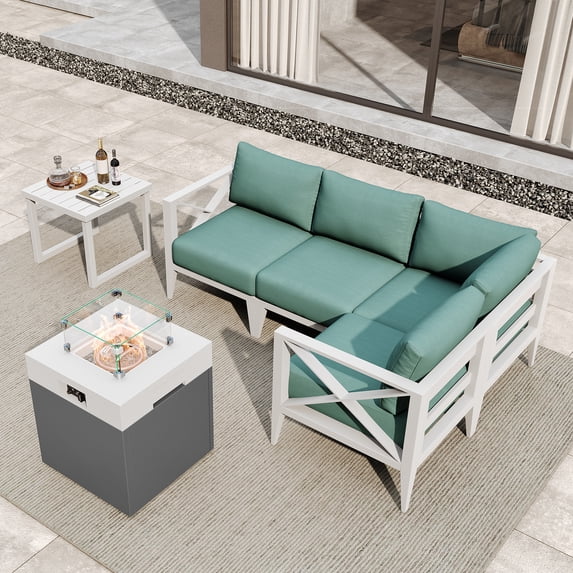 MAISON HUIS Outdoor Aluminum Patio Furniture Set with Fire Pit Table, 3 Piece All-Weather Patio Sectional Conversation Sets with 6 Inch Cushions for Backyard, Porch (White)