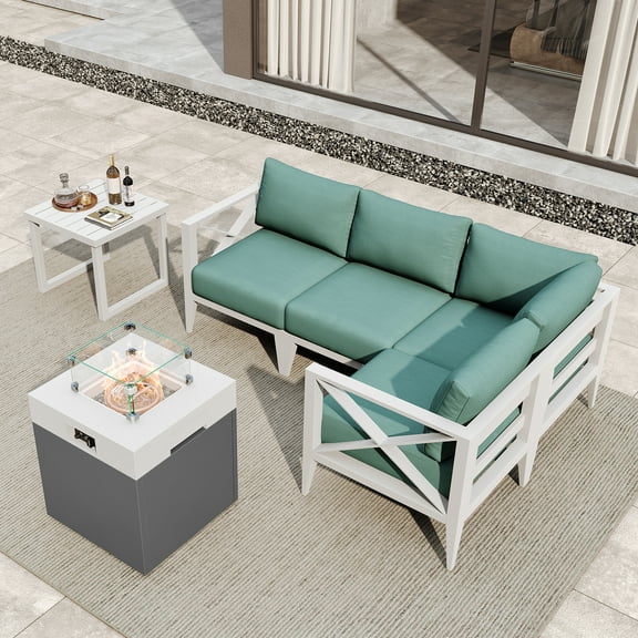 MAISON HUIS Outdoor Aluminum Patio Furniture Set with Fire Pit Table, 3 Piece All-Weather Patio Sectional Conversation Sets with 6 Inch Cushions for Backyard, Porch (White)