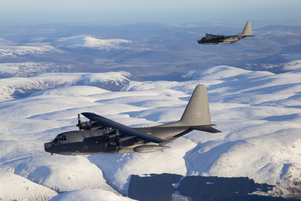 MC-130P Combat Shadow and MC-130H Combat Talon over Scotland Canvas Art - Gert KromhoutStocktrek Images (18 x 12)