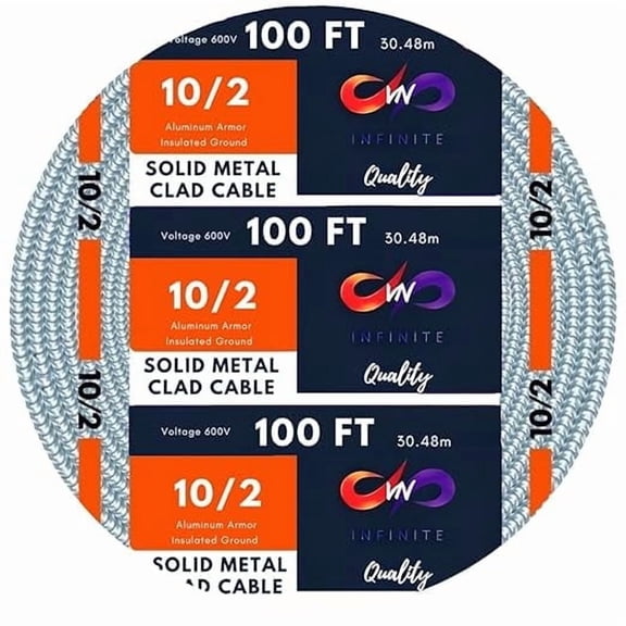 10/2 MC Cable - Metal Clad - Aluminium Armor Solid Copper Conductor - Cable for Indoor (100 Ft)