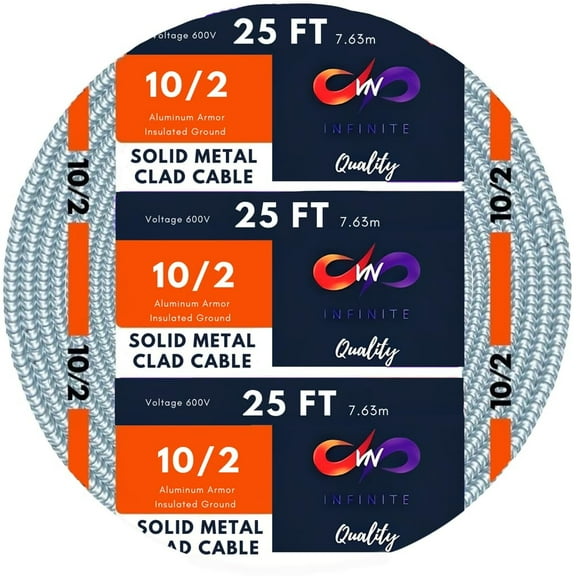 MC Cable 10/2 - Metal Clad - Aluminium Armor Stranded Copper Conductor - Cable for Indoor (25 Ft)