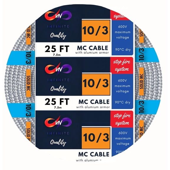 MC Cable 10/3 - Metal Clad 25ft - Aluminium Armor Stranded Copper Conductor - Cable for Indoor 25 Ft