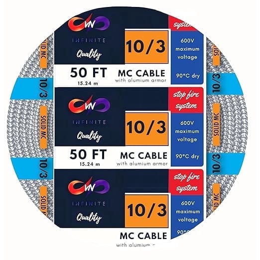 10/3 Solid Metal Clad MC Cable with Ground - 10 AWG 3-Conductor Aluminum Armored Wire with Ground - 50 ft