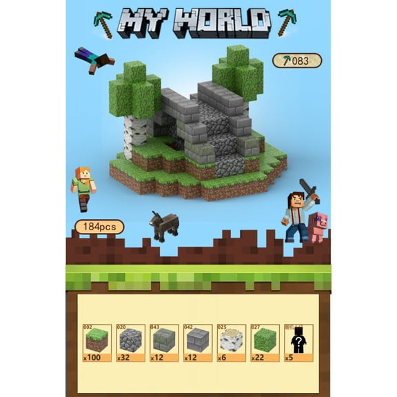 MC Pixelated Stone arch bridge Magnetic Cube Building Kit with random Figures  Mine Adventure Theme (184 Blocks)