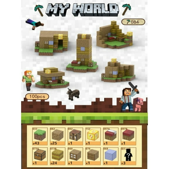 MC Pixelated pasture Magnetic Cube Building Kit with random Figures  Mine Adventure Theme (100 Blocks)