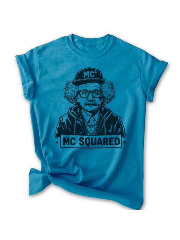 MC Squared Einstein T-shirt, Unisex Women's Men's Shirt, Funny Albert Einstein Genius Rapper Hip Hop, Heather Blue, Medium
