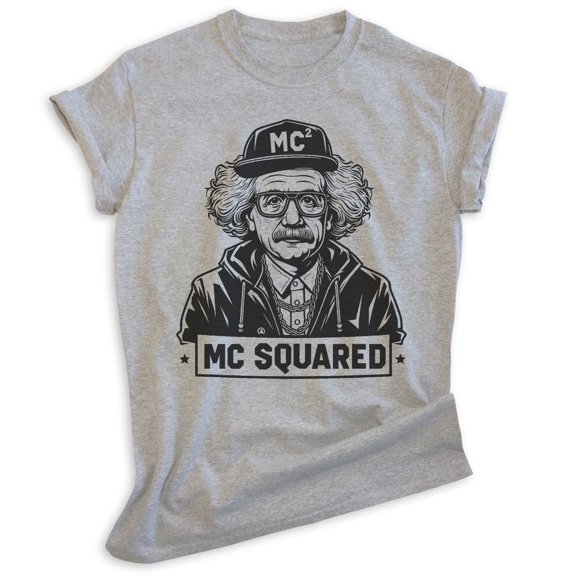 MC Squared Einstein T-shirt, Unisex Women's Men's Shirt, Funny Albert Einstein Genius Rapper Hip Hop, Heather Gray, Small