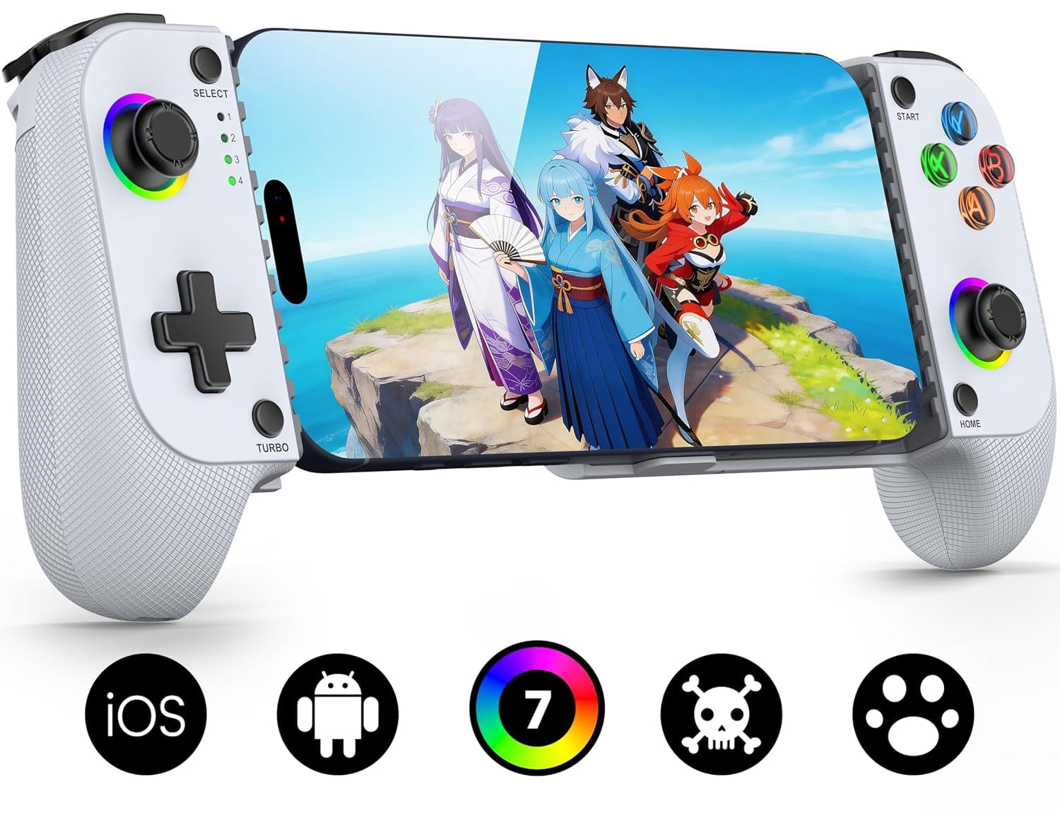 MC1 Phone Controller for iPhone(All Model) & Android - Hall Effect Joystick, Enhanced Grip, Case-Friendly, Wireless Mobile Gaming Controller with Travel Dust Bag, 7 Color Lights, Turbo, Wii u