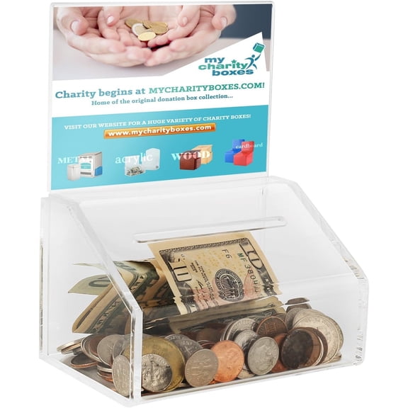 MCB Acrylic Donation & Ballot Box, Voting or Comment Box, Raffles & Drawing, with Display Sign Holder and Safety Lock 8"x 6"x 5" Clear