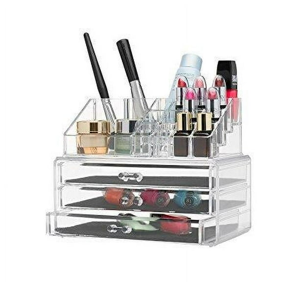 MCB Home Essentials Clear Acrylic Cosmetic Jewelry and Makeup Organizer with Large 3 Drawer Chest
