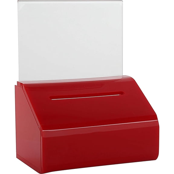MCB Small Donation Charity Collection Box with Lock and Sign Holder - Slopie Donation Box - Ballot Box- Ticket Box -Tip Container - With Lock and Display (Red)