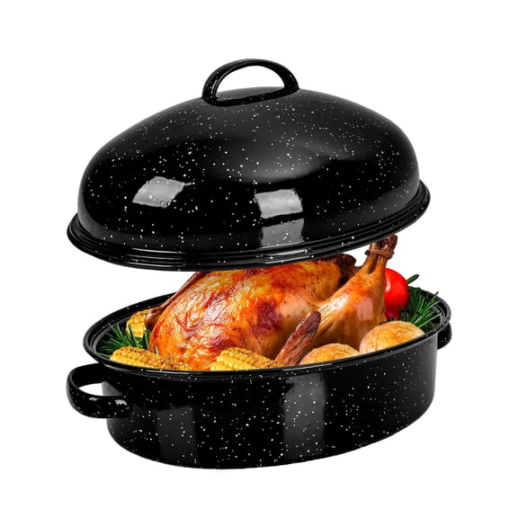 MCCSI Roasting Pan with Lid & Rack 18 Inch Large Deep Oven Baking Pot, Enamel Granite NonStick Oval Carbon Steel Pot for Turkey Chicken Ham Steak NonToxic for Valentine's Day Gift Roaster Pan Y101