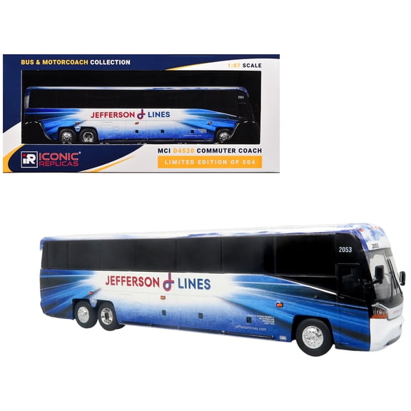 MCI D4520 Commuter Coach Bus "Jefferson Lines" White with Blue Graphics "The & Motorcoach Collection" Limited Edition to 504 pieces Worldwide 1/87 (HO) Scale Diecast by Iconic Replicas