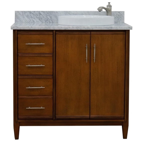 MCM 37" Single Solid Wood Vanity with Right Round Sink in Walnut/White