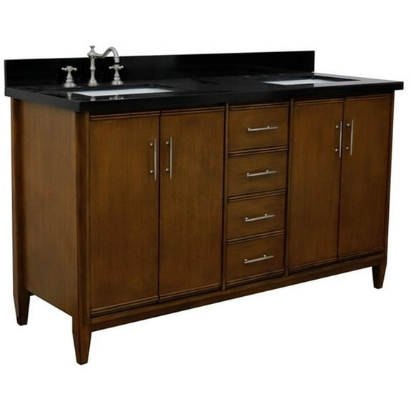 MCM 61" Double Rectangle Sink Vanity in Walnut/Black Granite Stone