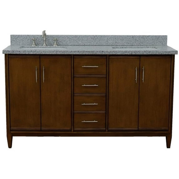 MCM 61" Double Rectangle Sink Vanity in Walnut/Gray Granite Stone