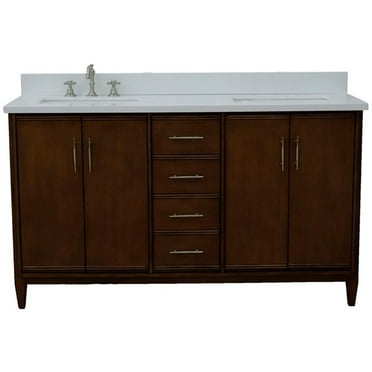 MCM 61" Double Rectangle Sink Vanity in Walnut/White Quartz Stone