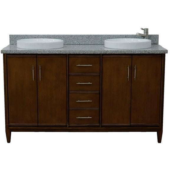 MCM 61" Double Round Sink Vanity with Gray Granite Stone in Walnut