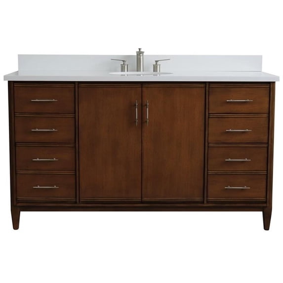 MCM 61" Single Oval Sink Solid Wood Vanity in Walnut/White Quartz Stone