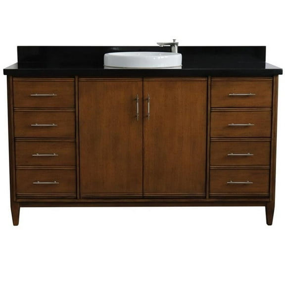 MCM 61" Single Round Sink Vanity with Black Granite Stone in Walnut