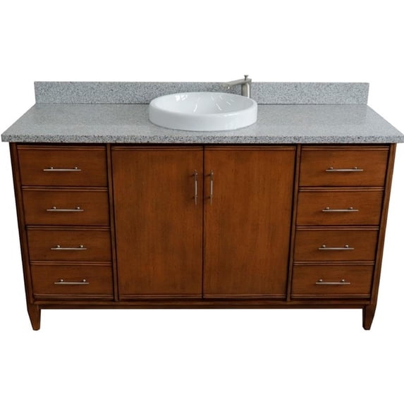 MCM 61" Single Round Sink Vanity with Gray Granite Stone in Walnut