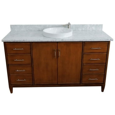 MCM 61" Single Round Sink Vanity with White Marble Stone in Walnut