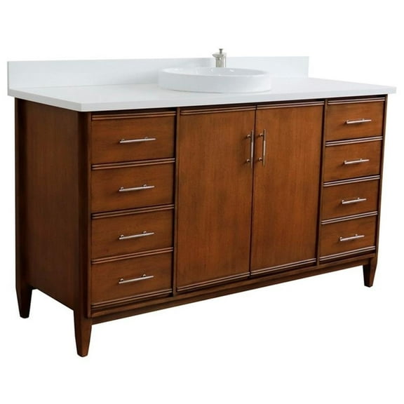 MCM 61" Single Round Sink Vanity with White Quartz Stone in Walnut