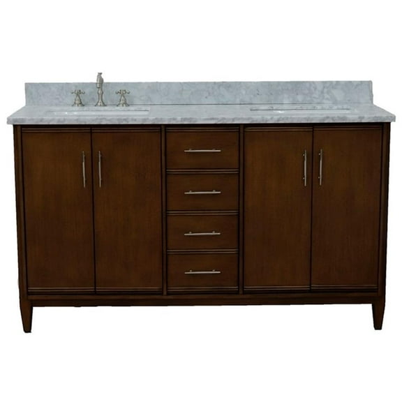 MCM 61" Solid Wood Double Rectangle Sink Vanity in Walnut/White Carrara
