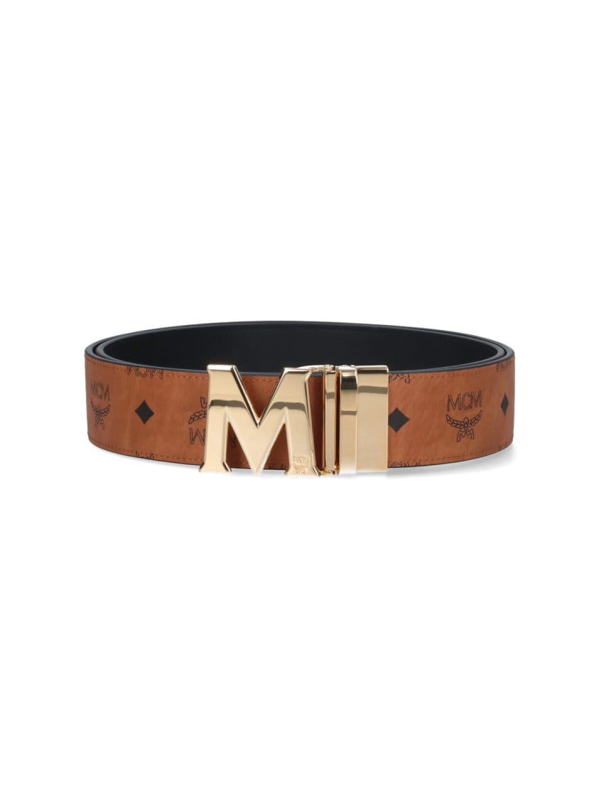 小物 MCM Mens Claus Cognac Leather Belt Cut to Size Claus M Reversible Belt 1.75” in Visetos Black