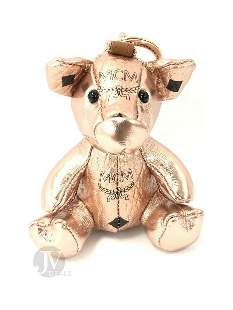 MCM Leather Champagne Gold Visetos Pig Keychain Charm Ring