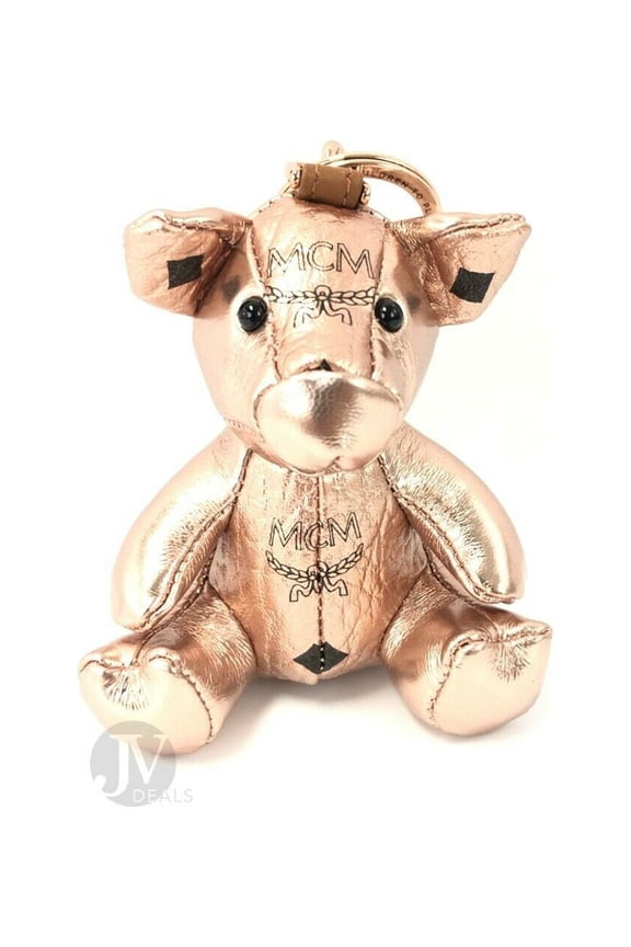 Leather Champagne Gold Visetos Pig Keychain Charm Ring