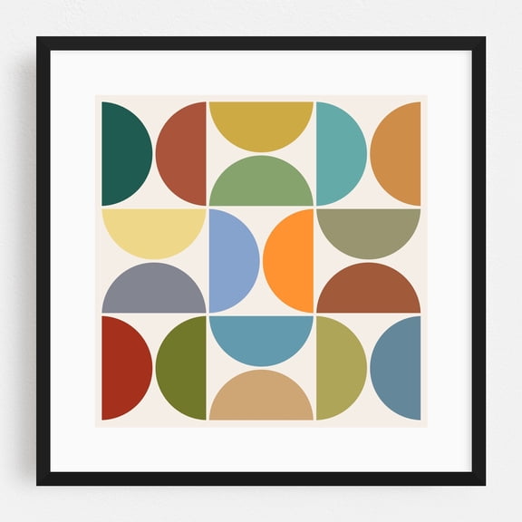 MCM Semicircle Color on Cream Square - Digital Art Geometric Mid-Century Modern Abstract Pattern Minimalist Modern Art Black Framed Wall Art Print 16 x 16 inches