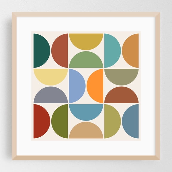 MCM Semicircle Color on Cream Square - Digital Art Geometric Mid-Century Modern Abstract Pattern Minimalist Modern Art Oak Framed Wall Art Print 8 x 8 inches
