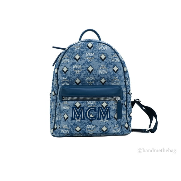 MCM Stark Small Vintage Jacquard Monogram Logo Backpack Bookbag (Blue)