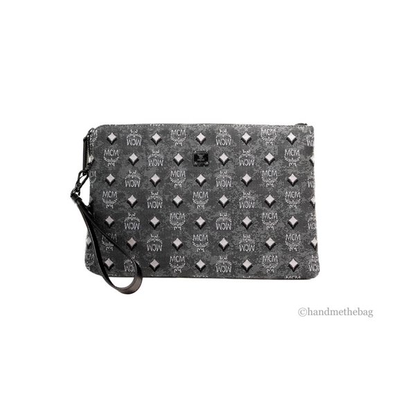 MCM MCM Veritas Medium Dark Grey Denim Monogram Logo Canvas Clutch Pouch Women's Handbag