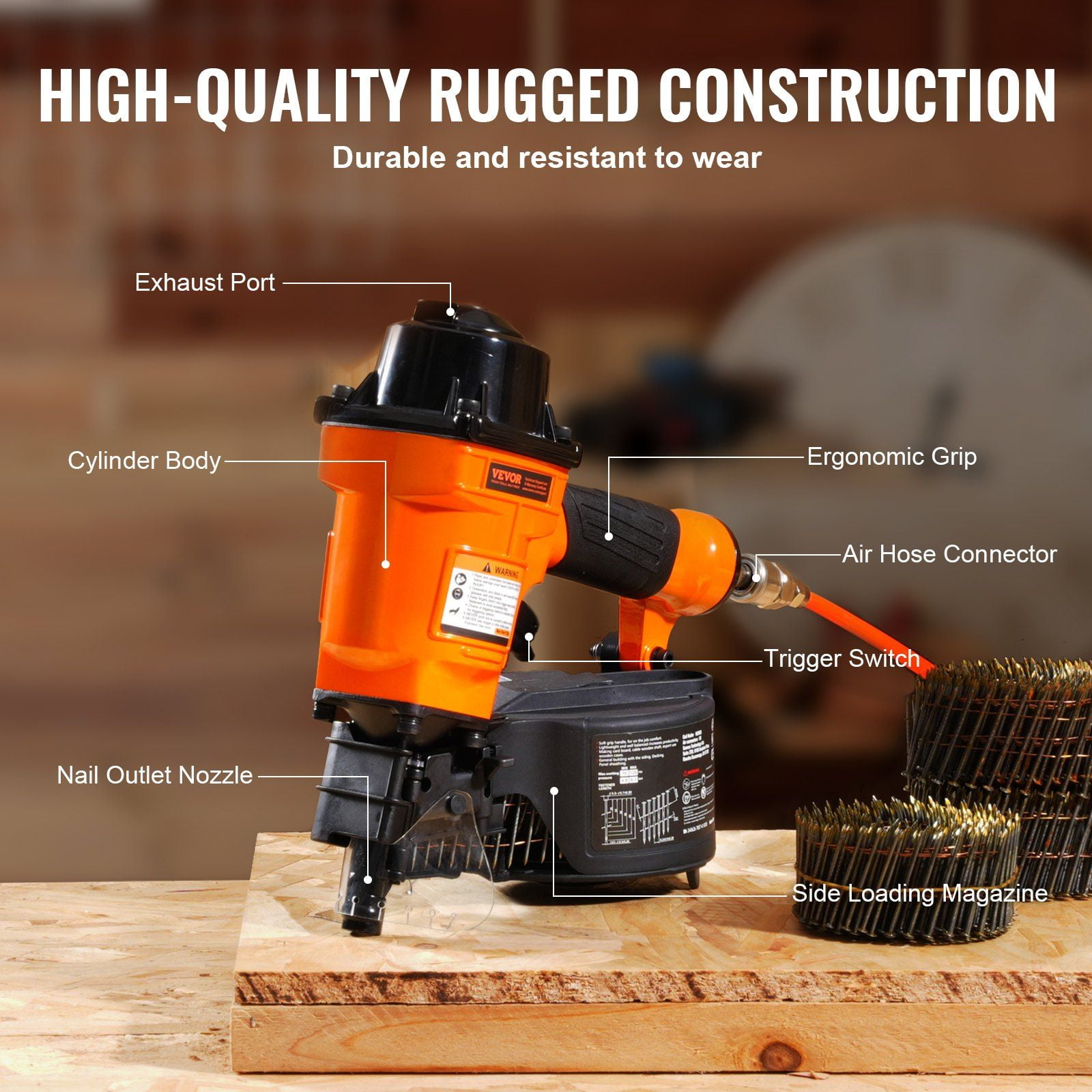 MCN55 15-Degree Pneumatic Coil Siding Nailer - Handles 1" to 2-1/4" Nails for Roofing & Fencing Projects